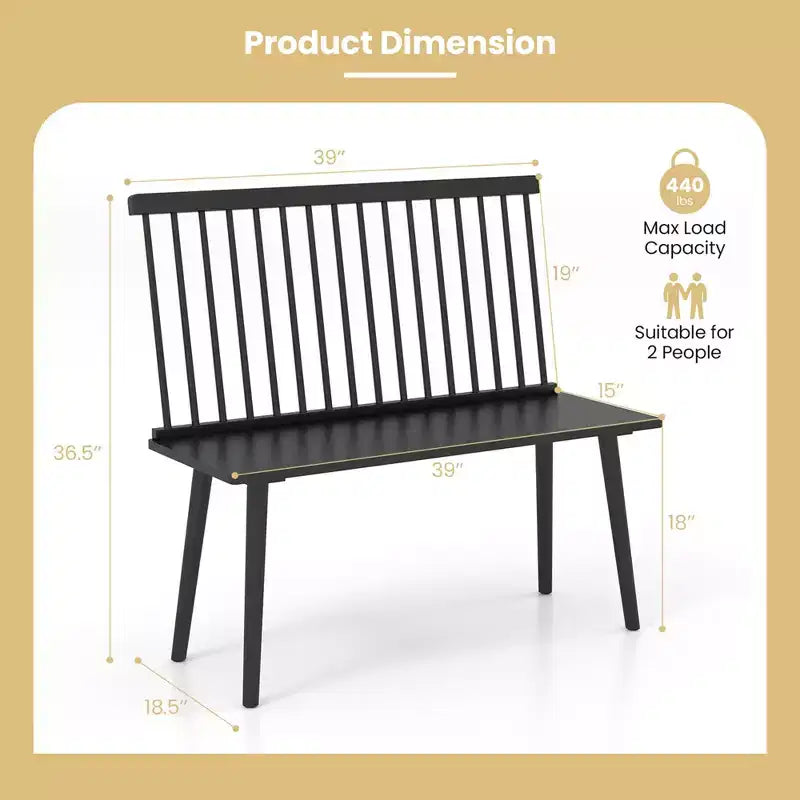 Banc d'entrée Costway pour 2, banc de salle à manger Windsor en bois d'hévéa avec dossier à barreaux, noir/naturel