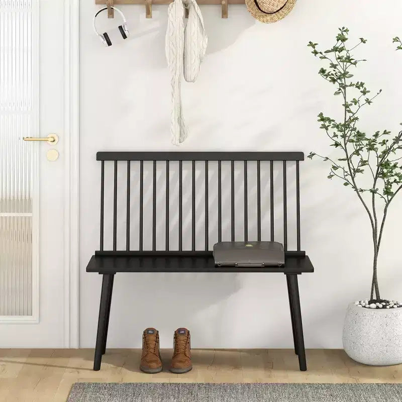 Banc d'entrée Costway pour 2, banc de salle à manger Windsor en bois d'hévéa avec dossier à barreaux, noir/naturel