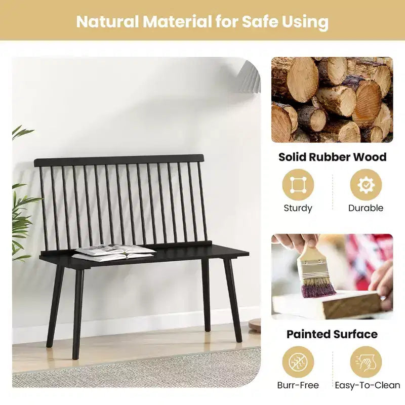 Banc d'entrée Costway pour 2, banc de salle à manger Windsor en bois d'hévéa avec dossier à barreaux, noir/naturel