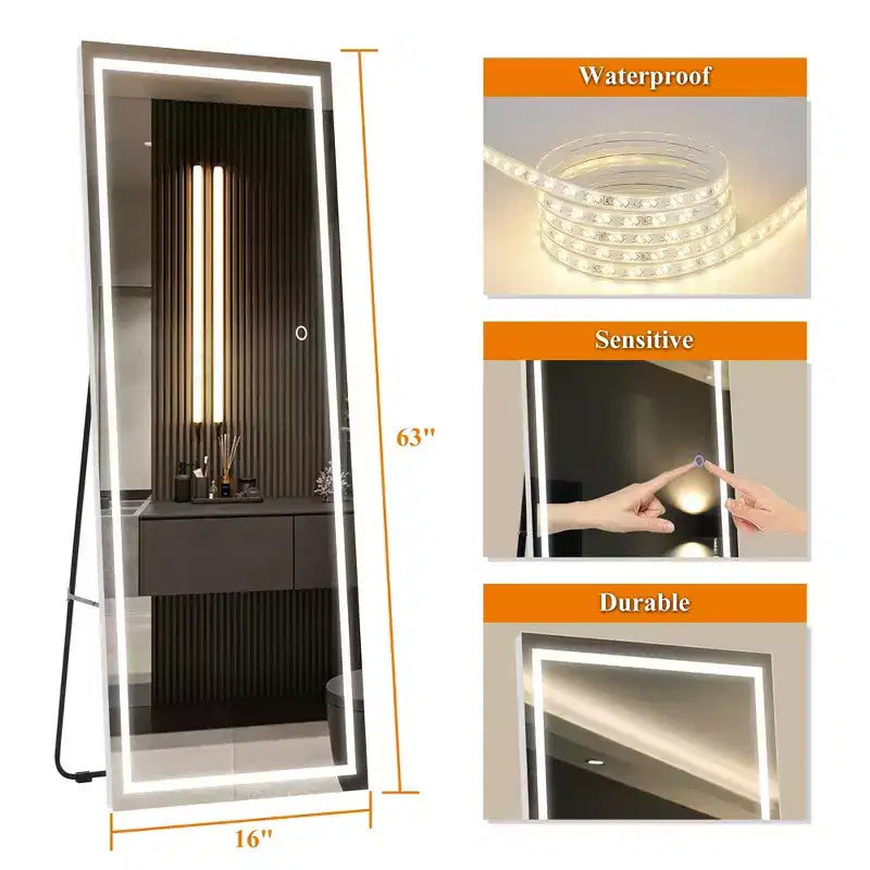 Dovelina Miroir sur pied rectangulaire pleine longueur à LED - 160x40cm, Argent