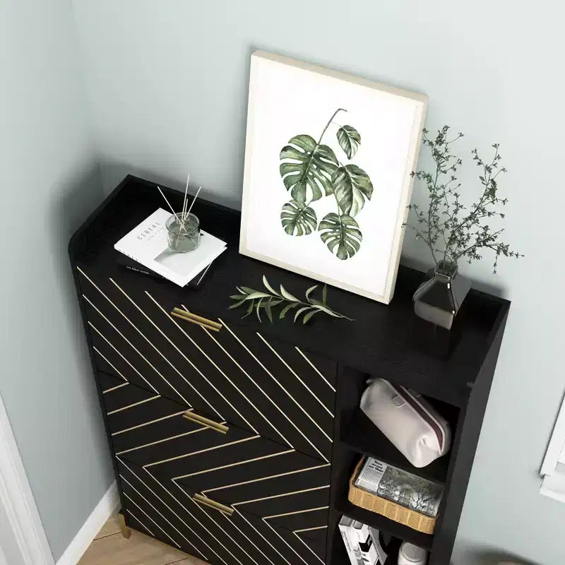 Meuble à chaussures moderne avec 3 tiroirs basculants et étagères ouvertes, organiseur de chaussures autoportant en bois 4M - ModernLuxe