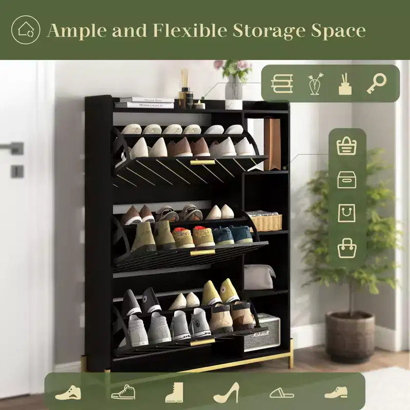 Meuble à chaussures moderne avec 3 tiroirs basculants et étagères ouvertes, organiseur de chaussures autoportant en bois 4M - ModernLuxe