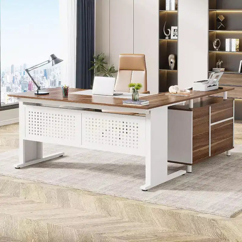 Tribesigns Bureau d'angle, bureau de direction de 160 cm avec classeur