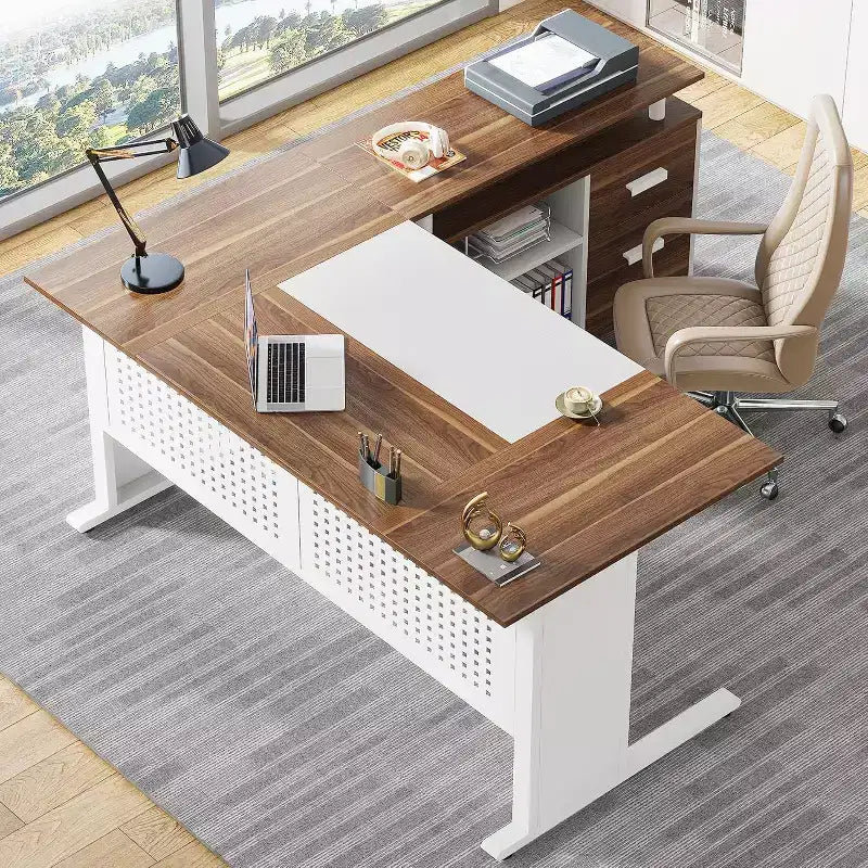 Tribesigns Bureau d'angle, bureau de direction de 160 cm avec classeur