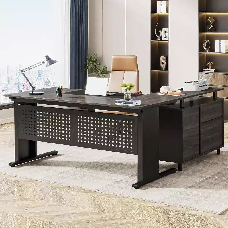 Tribesigns Bureau d'angle, bureau de direction de 160 cm avec classeur