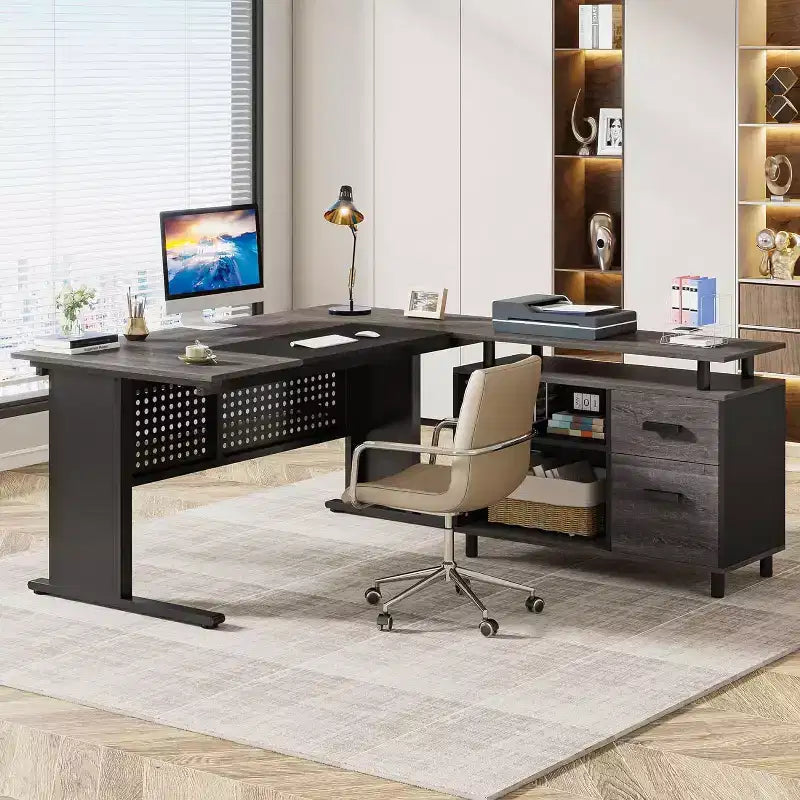 Tribesigns Bureau d'angle, bureau de direction de 160 cm avec classeur