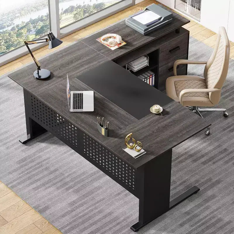 Tribesigns Bureau d'angle, bureau de direction de 160 cm avec classeur