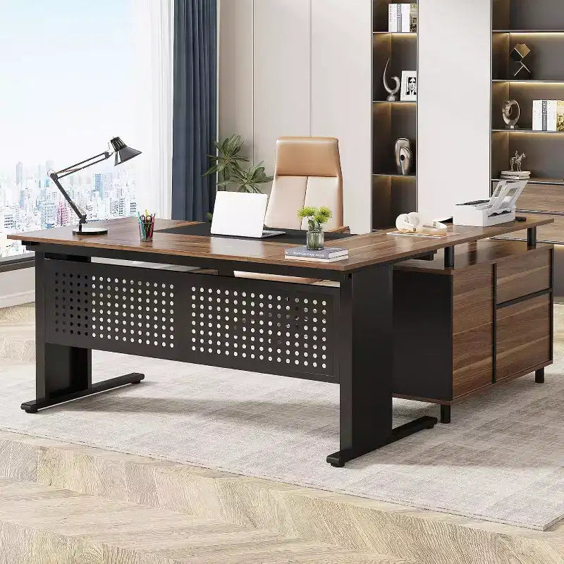 Tribesigns Bureau d'angle, bureau de direction de 160 cm avec classeur