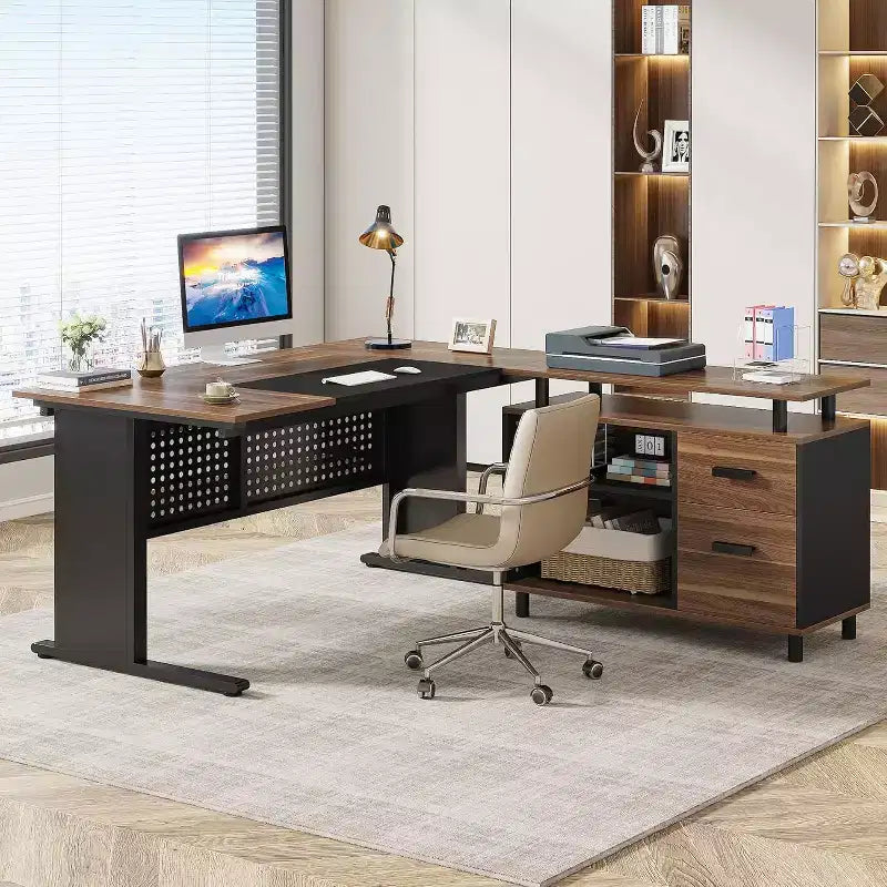 Tribesigns Bureau d'angle, bureau de direction de 160 cm avec classeur