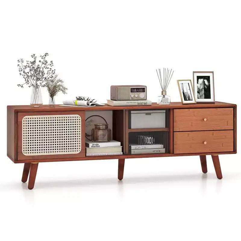 Meuble TV Costway en Bambou avec Porte en Rotin PE et 2 Tiroirs pour TV jusqu'à 65 pouces Marron/Naturel