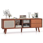 Meuble TV Costway en Bambou avec Porte en Rotin PE et 2 Tiroirs pour TV jusqu'à 65 pouces Marron/Naturel