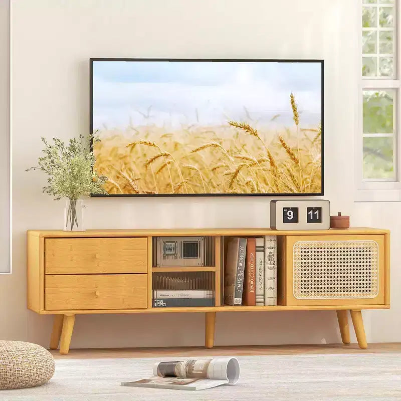 Meuble TV Costway en Bambou avec Porte en Rotin PE et 2 Tiroirs pour TV jusqu'à 65 pouces Marron/Naturel