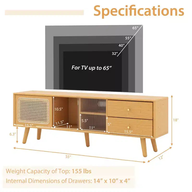 Meuble TV Costway en Bambou avec Porte en Rotin PE et 2 Tiroirs pour TV jusqu'à 65 pouces Marron/Naturel