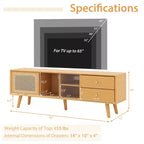 Meuble TV Costway en Bambou avec Porte en Rotin PE et 2 Tiroirs pour TV jusqu'à 65 pouces Marron/Naturel