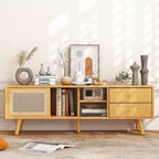 Meuble TV Costway en Bambou avec Porte en Rotin PE et 2 Tiroirs pour TV jusqu'à 65 pouces Marron/Naturel