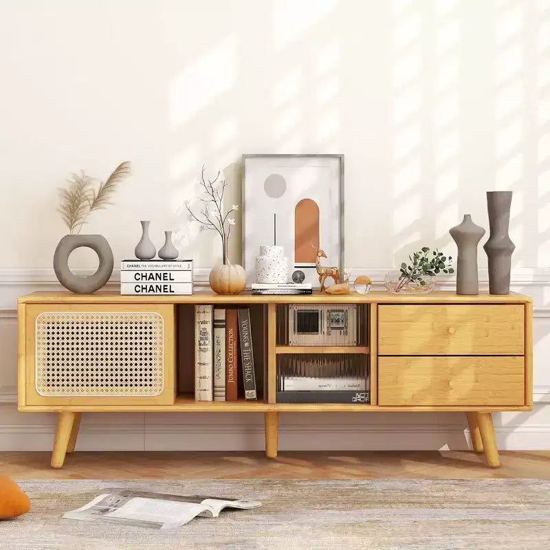 Meuble TV Costway en Bambou avec Porte en Rotin PE et 2 Tiroirs pour TV jusqu'à 65 pouces Marron/Naturel