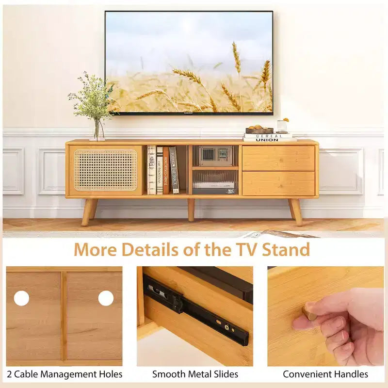 Meuble TV Costway en Bambou avec Porte en Rotin PE et 2 Tiroirs pour TV jusqu'à 65 pouces Marron/Naturel