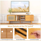 Meuble TV Costway en Bambou avec Porte en Rotin PE et 2 Tiroirs pour TV jusqu'à 65 pouces Marron/Naturel