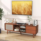 Meuble TV Costway en Bambou avec Porte en Rotin PE et 2 Tiroirs pour TV jusqu'à 65 pouces Marron/Naturel