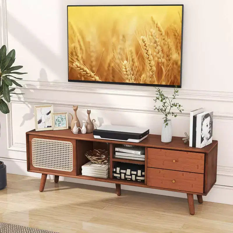 Meuble TV Costway en Bambou avec Porte en Rotin PE et 2 Tiroirs pour TV jusqu'à 65 pouces Marron/Naturel