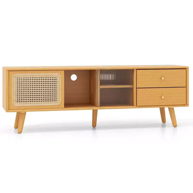 Meuble TV Costway en Bambou avec Porte en Rotin PE et 2 Tiroirs pour TV jusqu'à 65 pouces Marron/Naturel