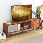 Meuble TV Costway en Bambou avec Porte en Rotin PE et 2 Tiroirs pour TV jusqu'à 65 pouces Marron/Naturel