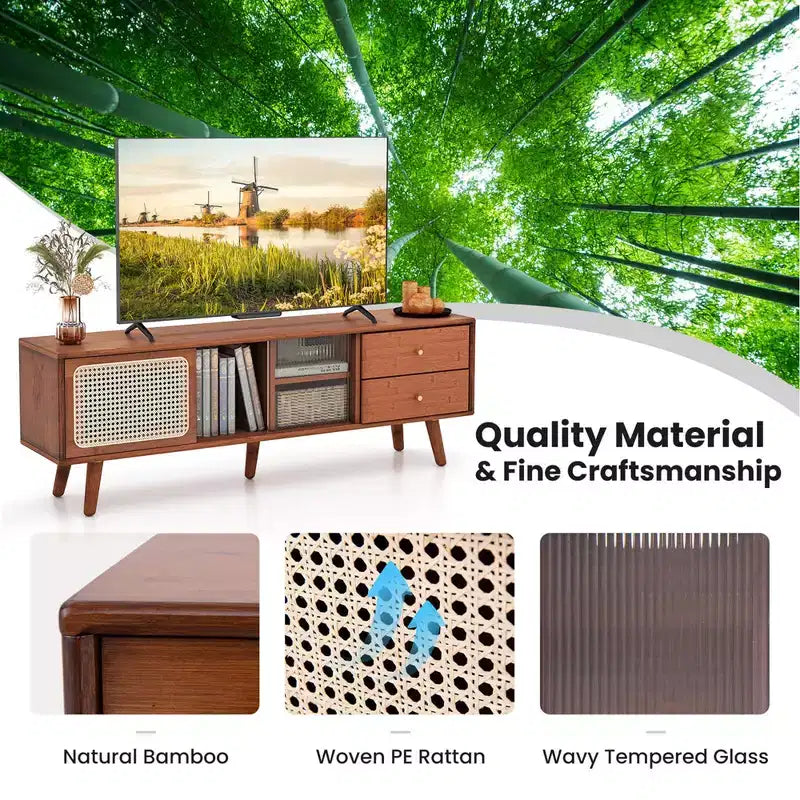Meuble TV Costway en Bambou avec Porte en Rotin PE et 2 Tiroirs pour TV jusqu'à 65 pouces Marron/Naturel