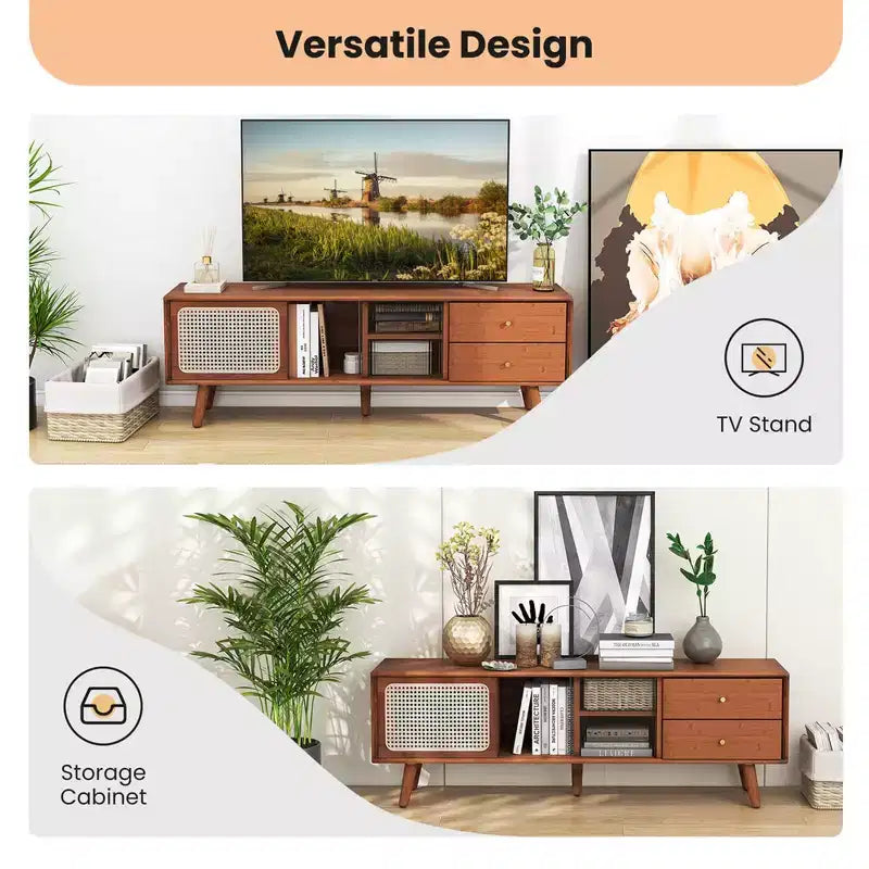 Meuble TV Costway en Bambou avec Porte en Rotin PE et 2 Tiroirs pour TV jusqu'à 65 pouces Marron/Naturel