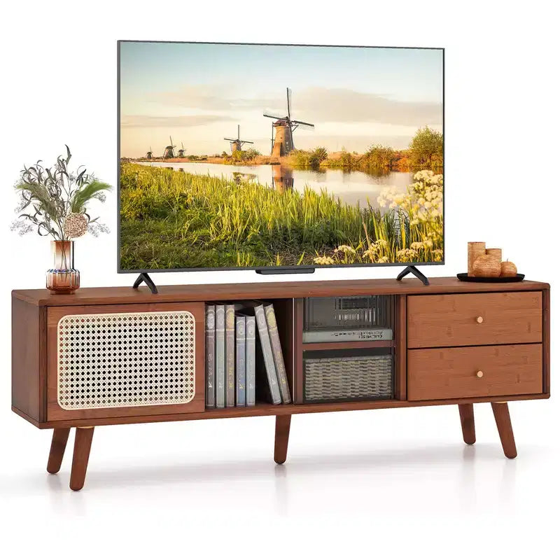 Costway Bamboo TV Stand Console Table with PE Rattan Door & 2 Drawers for TV up to 65 Brown/Natural