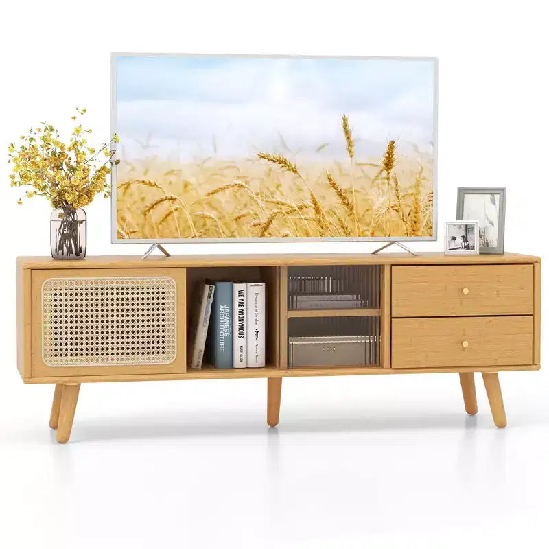 Meuble TV Costway en Bambou avec Porte en Rotin PE et 2 Tiroirs pour TV jusqu'à 65 pouces Marron/Naturel