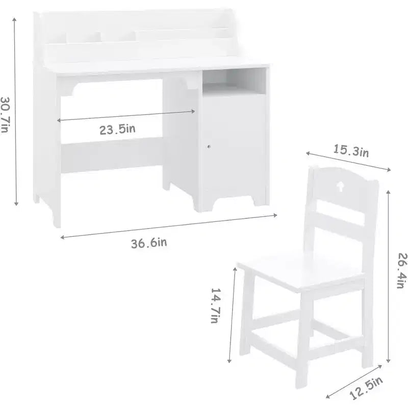 Ensemble bureau et chaise pour enfants Garvee, bureau d'étude pour enfants avec étagère, meuble de rangement, table d'étude en bois pour enfants, blanc
