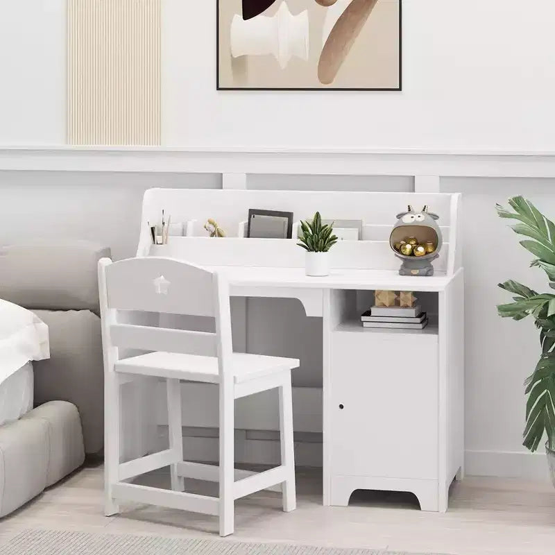 Ensemble bureau et chaise pour enfants Garvee, bureau d'étude pour enfants avec étagère, meuble de rangement, table d'étude en bois pour enfants, blanc