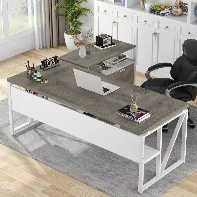 Bureau d'angle Lantine avec tiroirs, bureau informatique exécutif de 63 pouces et classeur latéral pour bureau à domicile