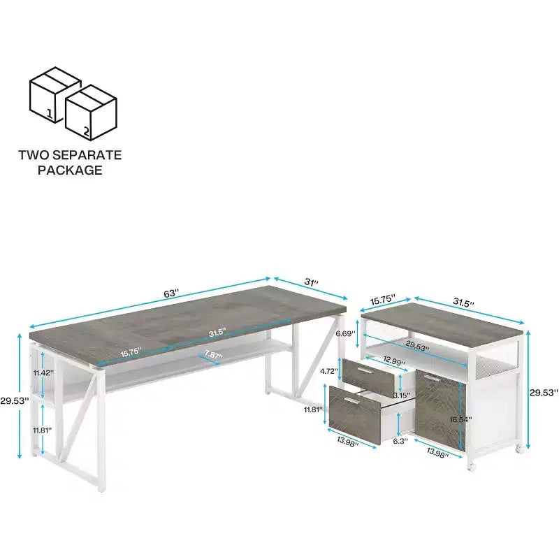Bureau d'angle Lantine avec tiroirs, bureau informatique exécutif de 63 pouces et classeur latéral pour bureau à domicile