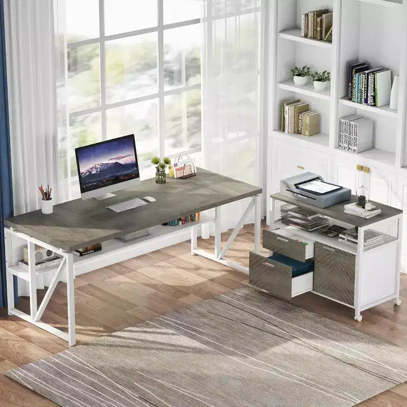 Bureau d'angle Lantine avec tiroirs, bureau informatique exécutif de 63 pouces et classeur latéral pour bureau à domicile