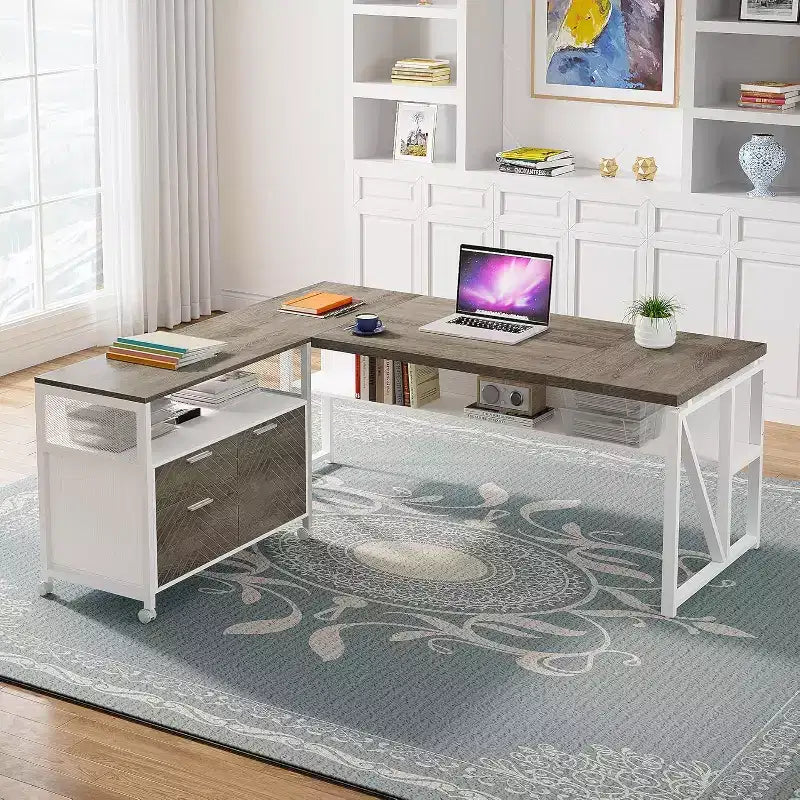 Bureau d'angle Lantine avec tiroirs, bureau informatique exécutif de 63 pouces et classeur latéral pour bureau à domicile