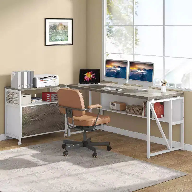 Bureau d'angle Lantine avec tiroirs, bureau informatique exécutif de 63 pouces et classeur latéral pour bureau à domicile