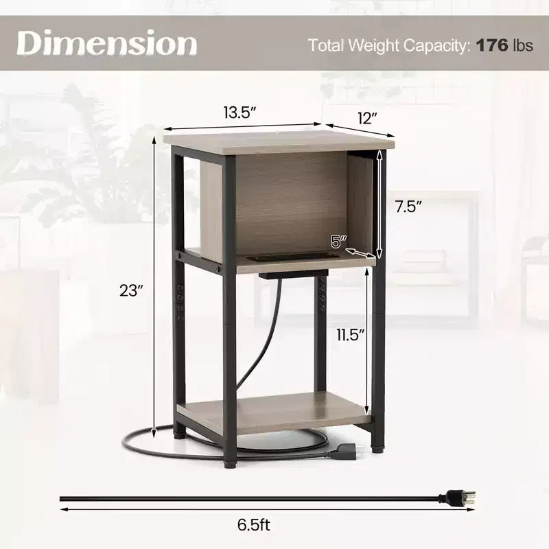 Costway Table de Chevet 1/2 PCS Table d'appoint à 3 Niveaux avec Station de Charge Ports USB et Prises de Courant Gris et Noir