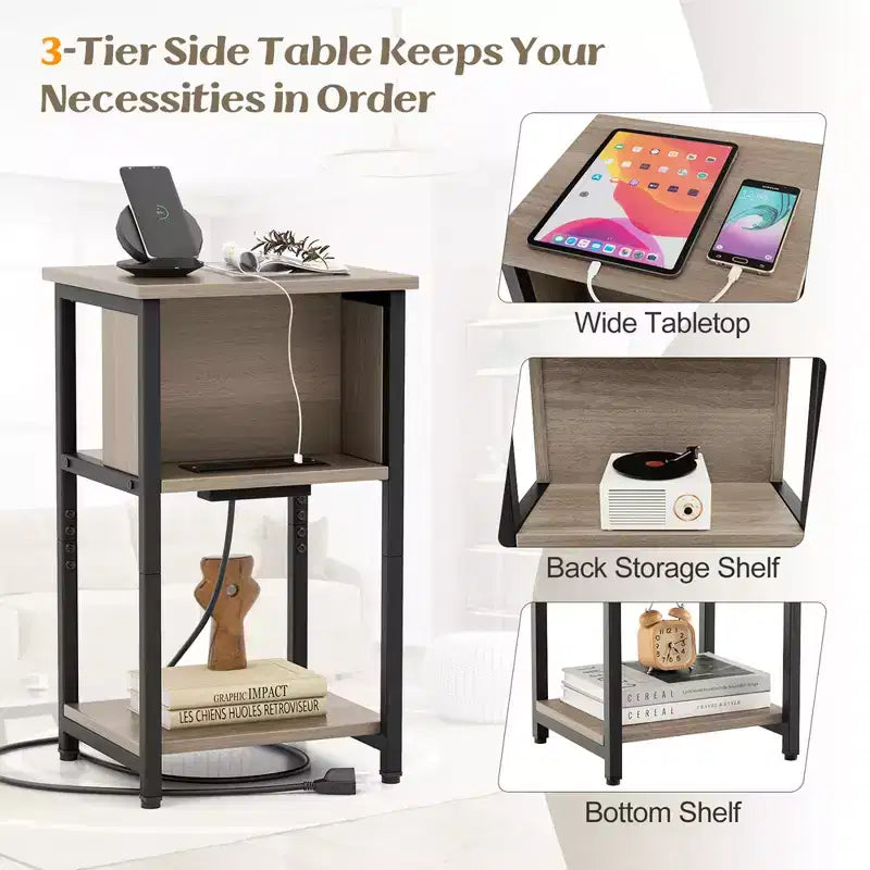 Costway Table de Chevet 1/2 PCS Table d'appoint à 3 Niveaux avec Station de Charge Ports USB et Prises de Courant Gris et Noir