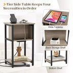 Costway Table de Chevet 1/2 PCS Table d'appoint à 3 Niveaux avec Station de Charge Ports USB et Prises de Courant Gris et Noir