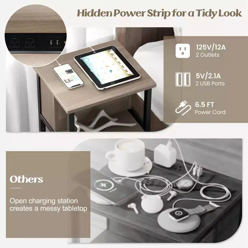 Costway Table de Chevet 1/2 PCS Table d'appoint à 3 Niveaux avec Station de Charge Ports USB et Prises de Courant Gris et Noir
