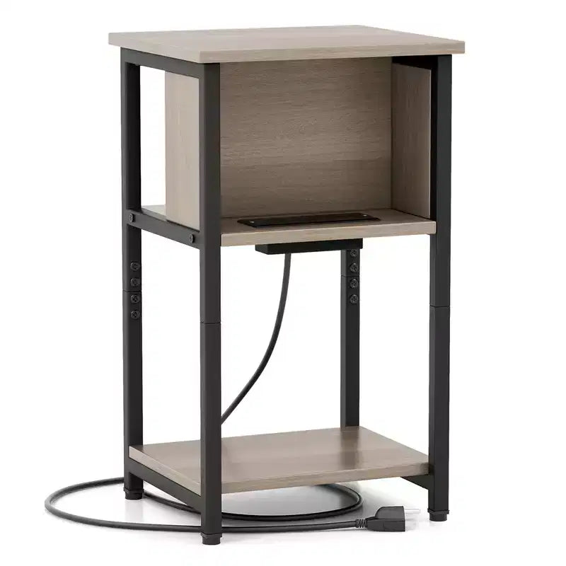 Costway Table de Chevet 1/2 PCS Table d'appoint à 3 Niveaux avec Station de Charge Ports USB et Prises de Courant Gris et Noir