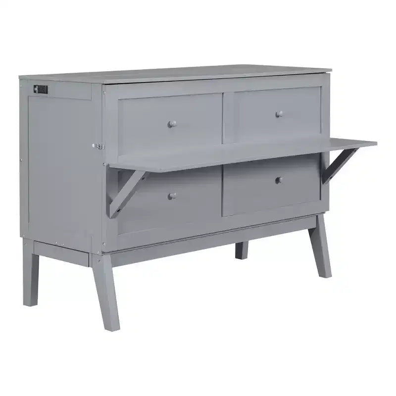 Lit escamotable grand lit/queen size avec port USB et étagères amovibles de chaque côté, blanc/gris, 4A -ModernLuxe