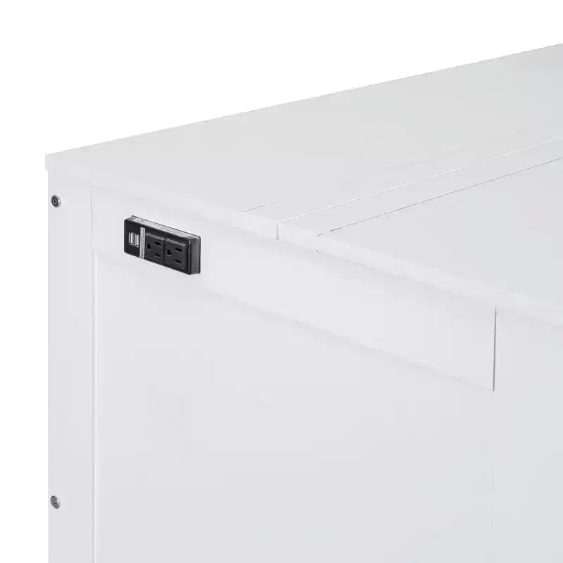 Lit escamotable grand lit/queen size avec port USB et étagères amovibles de chaque côté, blanc/gris, 4A -ModernLuxe
