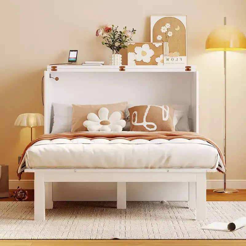 Lit escamotable grand lit/queen size avec port USB et étagères amovibles de chaque côté, blanc/gris, 4A -ModernLuxe