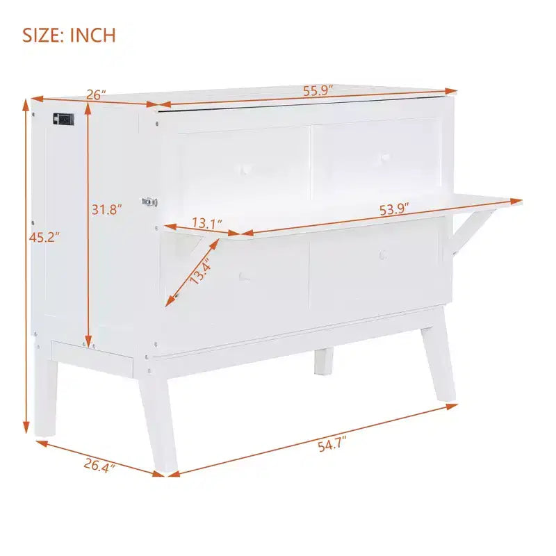 Lit escamotable grand lit/queen size avec port USB et étagères amovibles de chaque côté, blanc/gris, 4A -ModernLuxe
