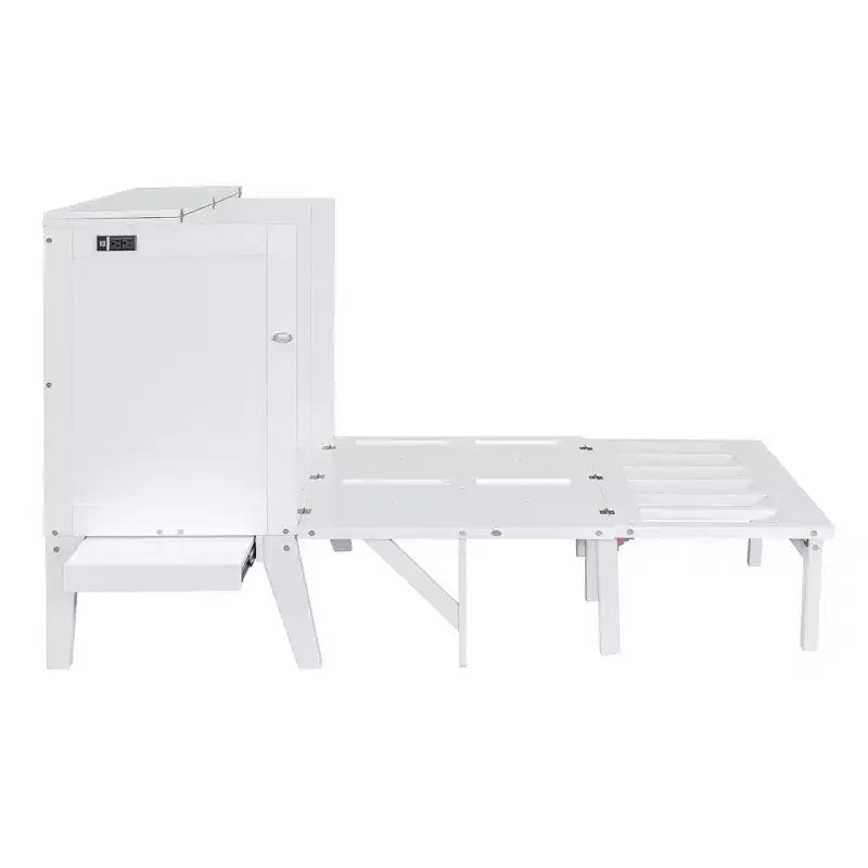 Lit escamotable grand lit/queen size avec port USB et étagères amovibles de chaque côté, blanc/gris, 4A -ModernLuxe