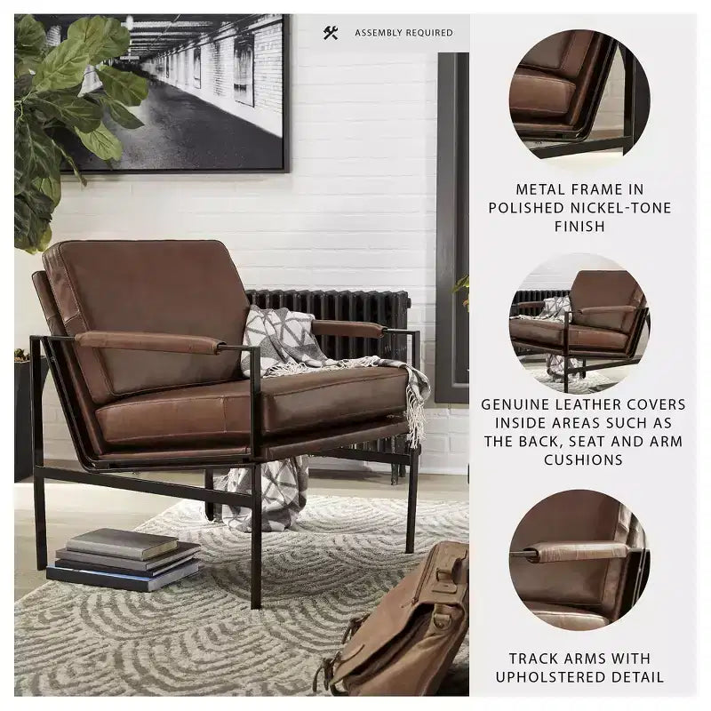Fauteuil d'appoint Signature Design by Ashley Puckman, cuir véritable marron, cadre en métal bronze, style industriel moderne