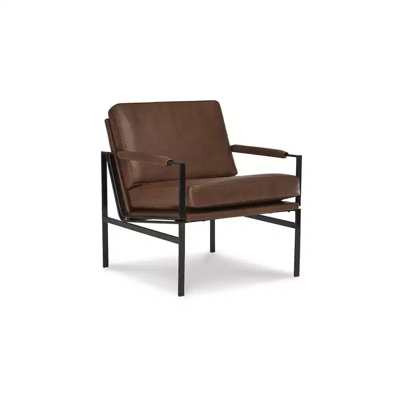 Fauteuil d'appoint Signature Design by Ashley Puckman, cuir véritable marron, cadre en métal bronze, style industriel moderne