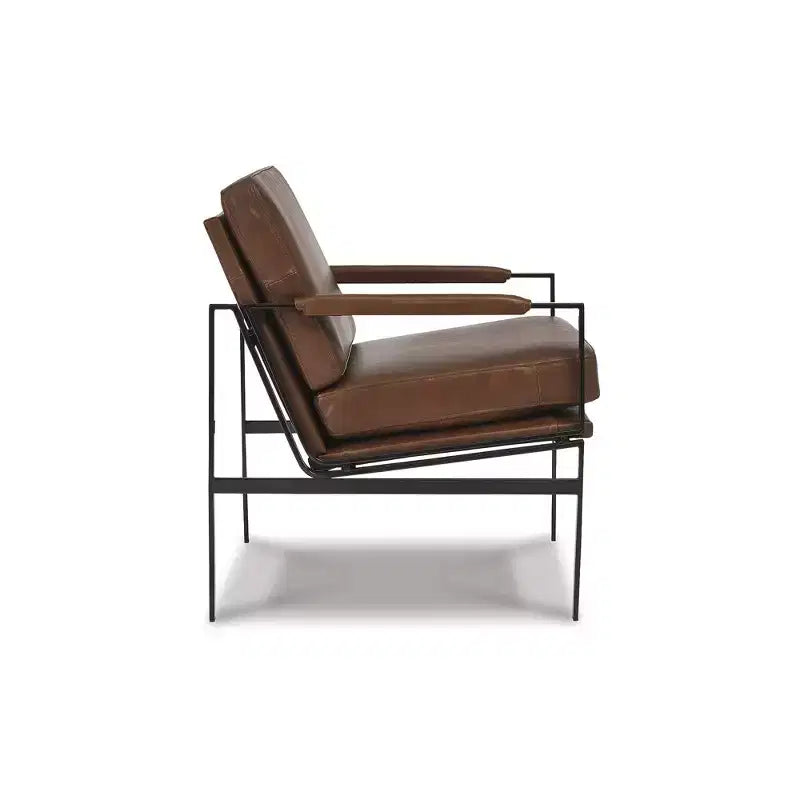 Fauteuil d'appoint Signature Design by Ashley Puckman, cuir véritable marron, cadre en métal bronze, style industriel moderne